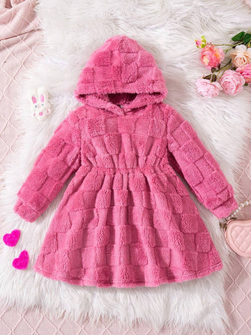 Young Girl Textured Double-Sided Fleece Hooded Cinched Waist A-Line Dress, Casual Outerwear For Autumn/Winter