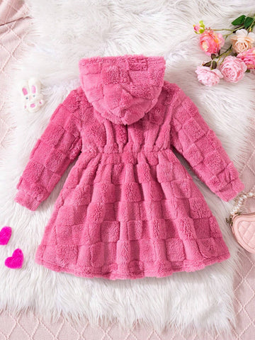 Young Girl Textured Double-Sided Fleece Hooded Cinched Waist A-Line Dress, Casual Outerwear For Autumn/Winter