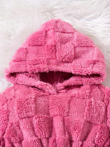 Young Girl Textured Double-Sided Fleece Hooded Cinched Waist A-Line Dress, Casual Outerwear For Autumn/Winter