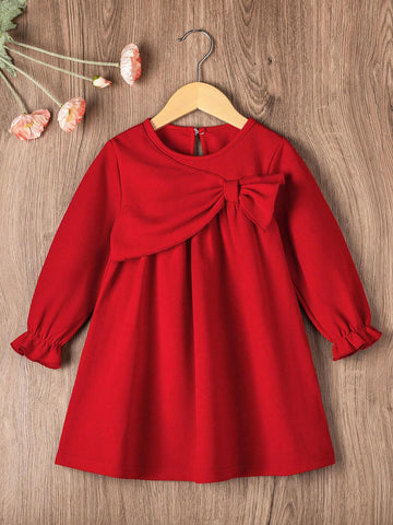 Young Girl Three-Dimensional Bow Long-Sleeved Dress