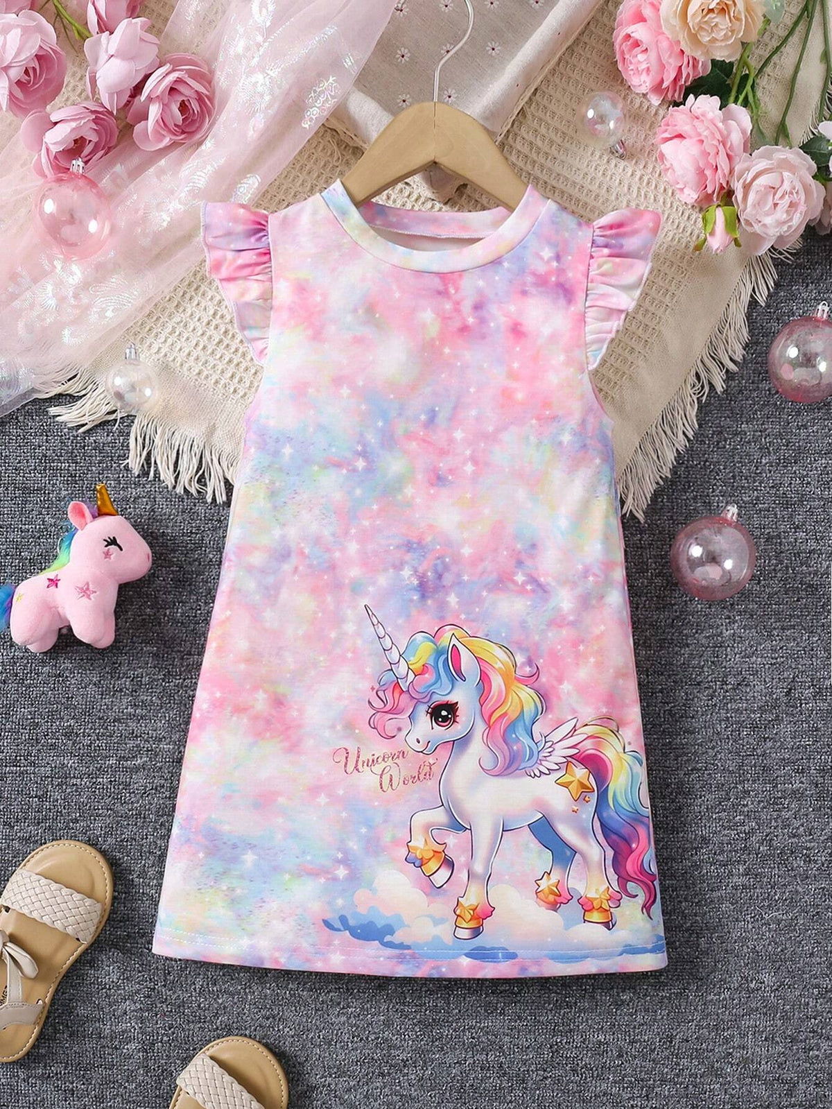 Young Girl Tie Dye Unicorn Print Tie Dye Short Cap Sleeve Dress