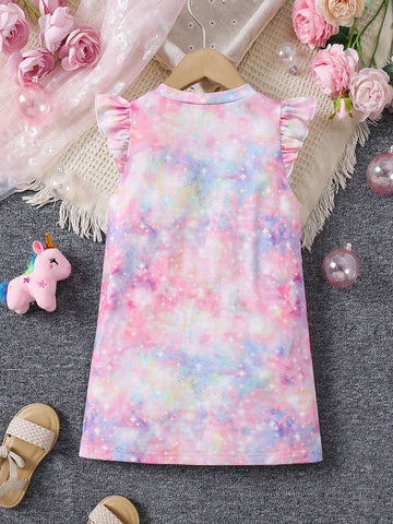Young Girl Tie Dye Unicorn Print Tie Dye Short Cap Sleeve Dress
