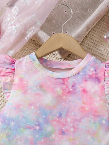 Young Girl Tie Dye Unicorn Print Tie Dye Short Cap Sleeve Dress