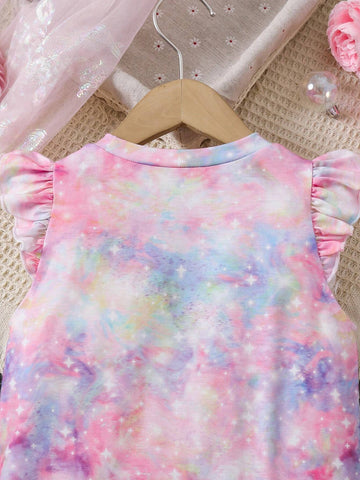 Young Girl Tie Dye Unicorn Print Tie Dye Short Cap Sleeve Dress