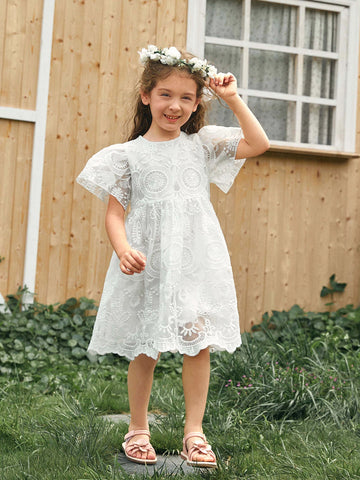Young Girl Toddler Girls 1PC Flounce Sleeve Embroidery Mesh Overlay Dress