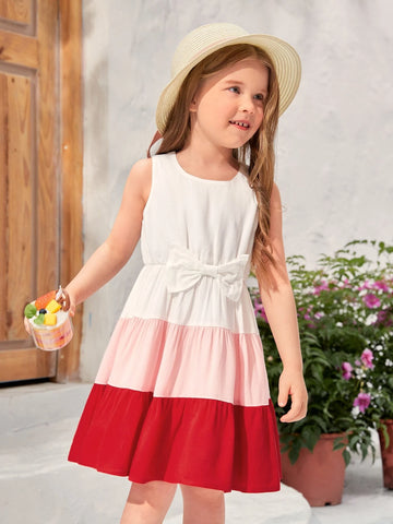 Young Girl Toddler Girls 1pc Colorblock Bow Front Ruffle Hem Dress