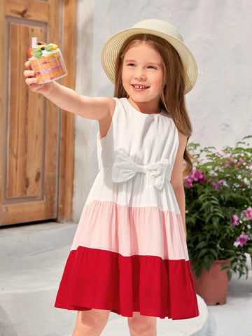 Young Girl Toddler Girls 1pc Colorblock Bow Front Ruffle Hem Dress
