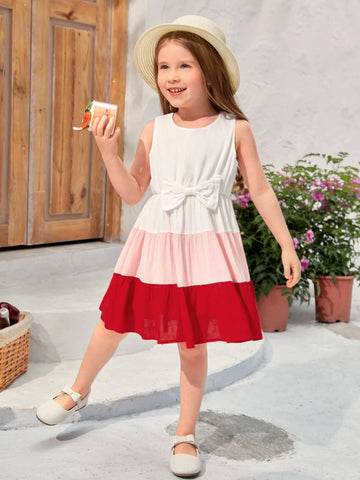 Young Girl Toddler Girls 1pc Colorblock Bow Front Ruffle Hem Dress