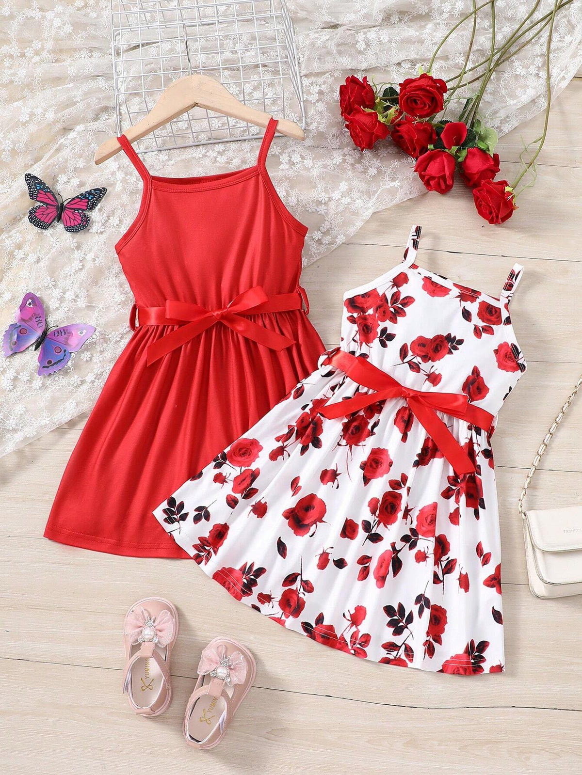 Young Girl Toddler Girls' 2pcs/Set Vacation Style Floral Print & Solid Color Belted Cami Dress