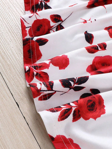 Young Girl Toddler Girls' 2pcs/Set Vacation Style Floral Print & Solid Color Belted Cami Dress