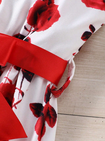 Young Girl Toddler Girls' 2pcs/Set Vacation Style Floral Print & Solid Color Belted Cami Dress