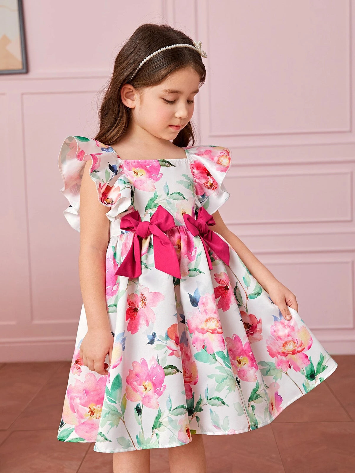 Young Girl Toddler Girls Floral Print Ruffle Trim Bow Front Dress