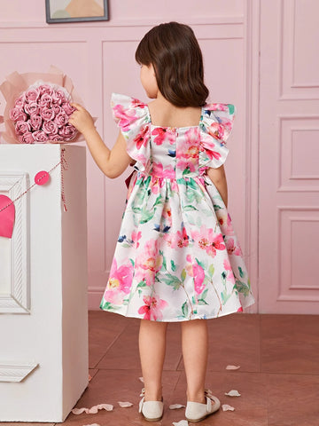 Young Girl Toddler Girls Floral Print Ruffle Trim Bow Front Dress