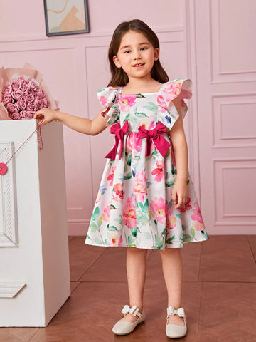 Young Girl Toddler Girls Floral Print Ruffle Trim Bow Front Dress