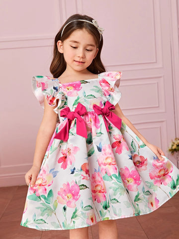 Young Girl Toddler Girls Floral Print Ruffle Trim Bow Front Dress