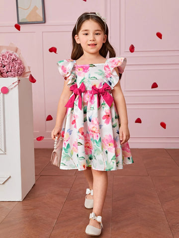 Young Girl Toddler Girls Floral Print Ruffle Trim Bow Front Dress