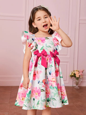 Young Girl Toddler Girls Floral Print Ruffle Trim Bow Front Dress