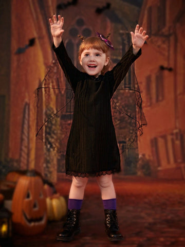 Young Girl Trendy Black Rib Knit Contrast Lace & Mesh Bat Wing Dress, For Halloween Party