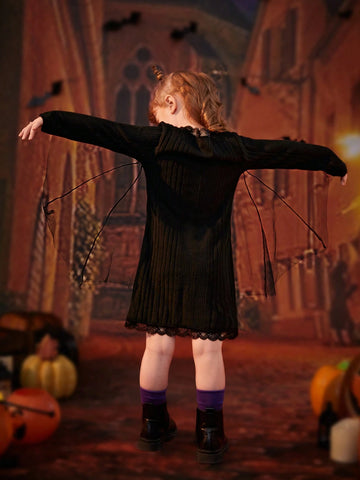Young Girl Trendy Black Rib Knit Contrast Lace & Mesh Bat Wing Dress, For Halloween Party