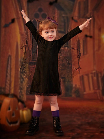 Young Girl Trendy Black Rib Knit Contrast Lace & Mesh Bat Wing Dress, For Halloween Party