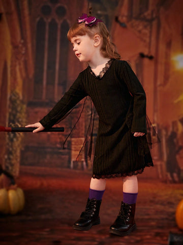 Young Girl Trendy Black Rib Knit Contrast Lace & Mesh Bat Wing Dress, For Halloween Party