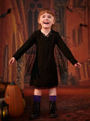 Young Girl Trendy Black Rib Knit Contrast Lace & Mesh Bat Wing Dress, For Halloween Party