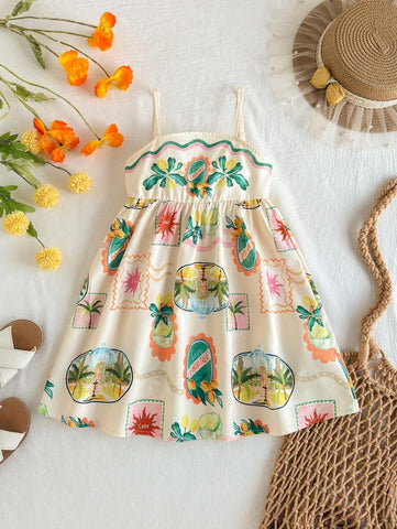 Young Girl Tropical Plant Print Chiffon Spaghetti Strap Vacation Dress