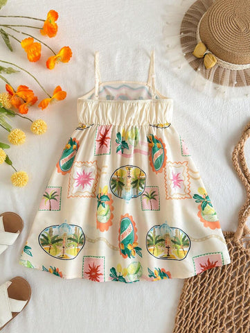Young Girl Tropical Plant Print Chiffon Spaghetti Strap Vacation Dress