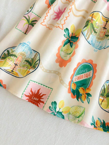 Young Girl Tropical Plant Print Chiffon Spaghetti Strap Vacation Dress