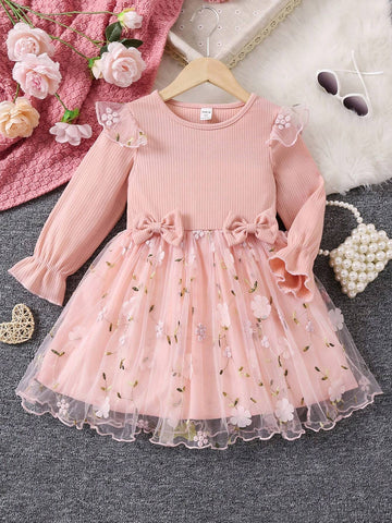 Young Girl Trumpet Sleeve Embroidered Mesh Hem Dress
