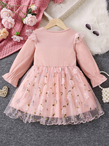 Young Girl Trumpet Sleeve Embroidered Mesh Hem Dress