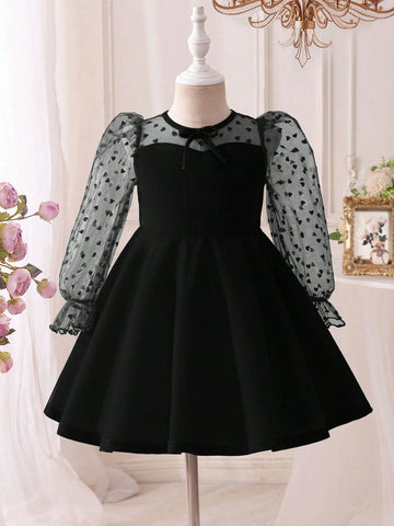 Young Girl Tulle & Velvet Patchwork Dress, Suitable For Formal Occasions And Daily Wear, Autumn/Winter