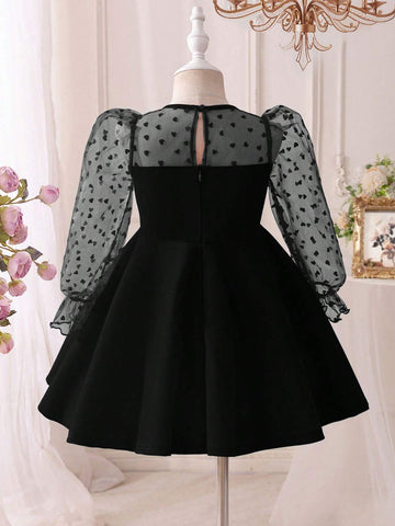 Young Girl Tulle & Velvet Patchwork Dress, Suitable For Formal Occasions And Daily Wear, Autumn/Winter
