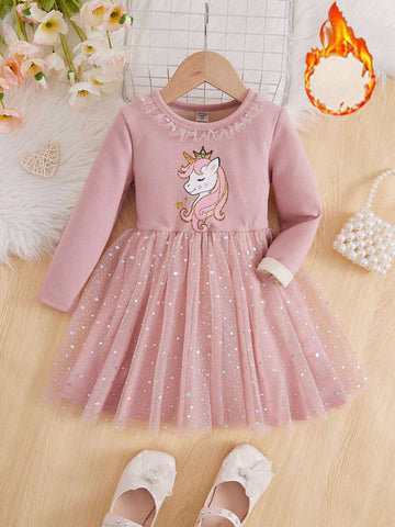 Young Girl Unicorn Print Mesh Hem Thermal Lined Dress