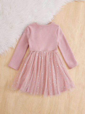 Young Girl Unicorn Print Mesh Hem Thermal Lined Dress