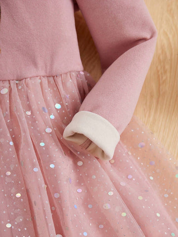 Young Girl Unicorn Print Mesh Hem Thermal Lined Dress