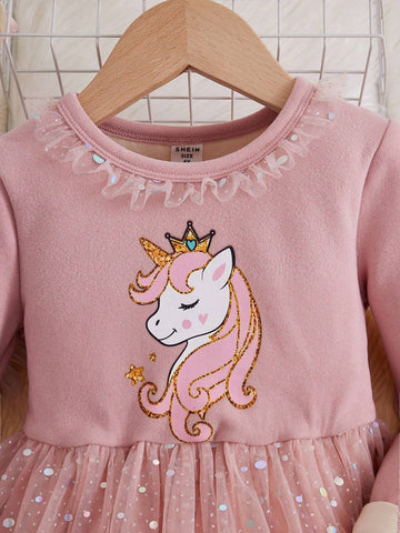 Young Girl Unicorn Print Mesh Hem Thermal Lined Dress