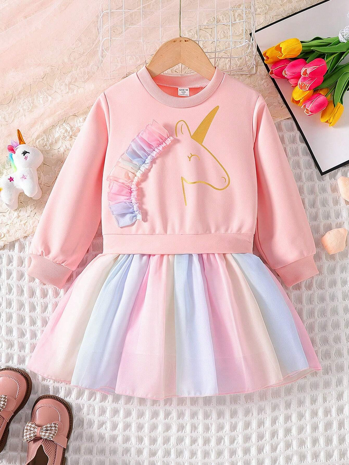 Young Girl Unicorn Print Ombre Mesh Ruffle Trim Dress