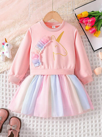 Young Girl Unicorn Print Ombre Mesh Ruffle Trim Dress