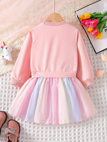 Young Girl Unicorn Print Ombre Mesh Ruffle Trim Dress