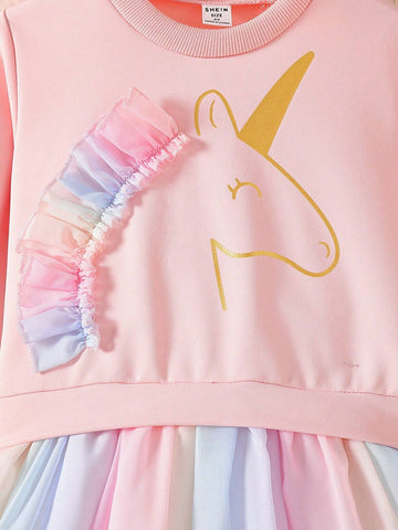 Young Girl Unicorn Print Ombre Mesh Ruffle Trim Dress