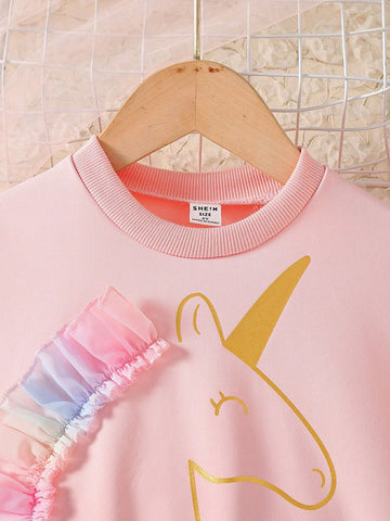 Young Girl Unicorn Print Ombre Mesh Ruffle Trim Dress