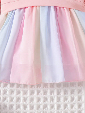 Young Girl Unicorn Print Ombre Mesh Ruffle Trim Dress