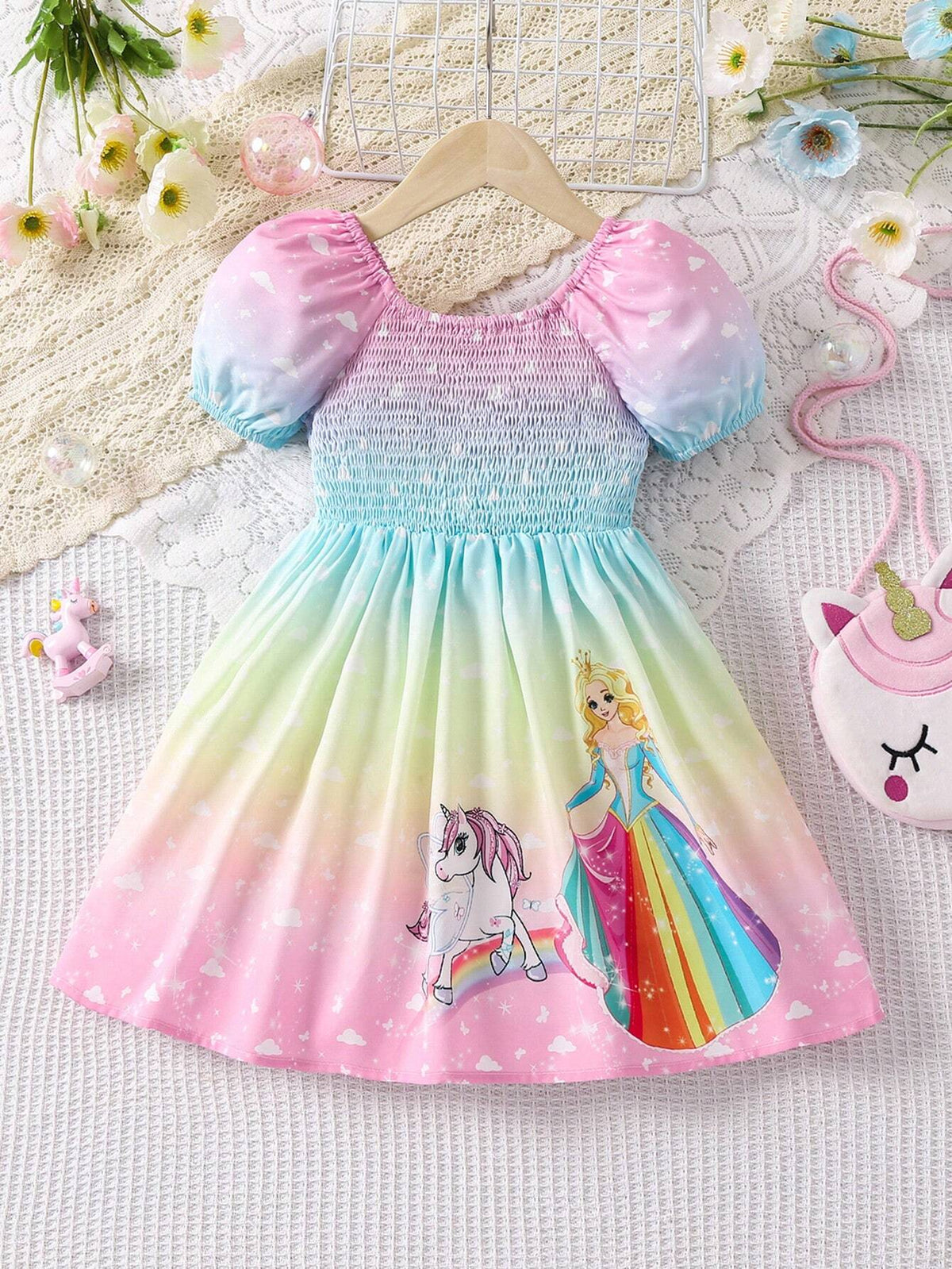 Young Girl Unicorn Print Ombre Puff Sleeve Dress