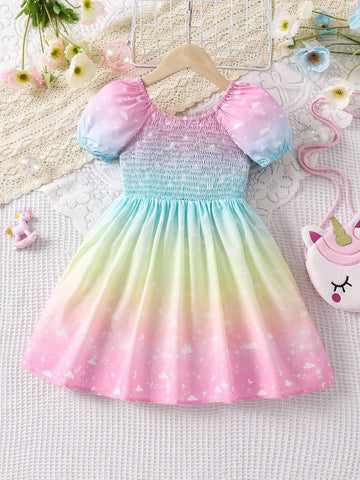 Young Girl Unicorn Print Ombre Puff Sleeve Dress