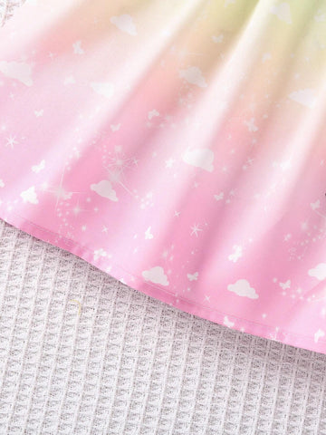 Young Girl Unicorn Print Ombre Puff Sleeve Dress
