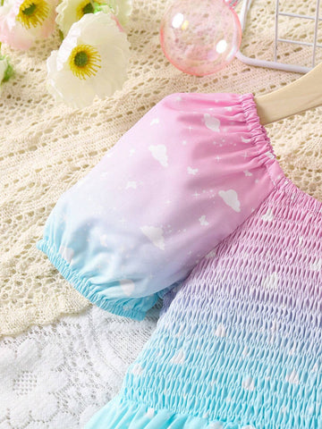 Young Girl Unicorn Print Ombre Puff Sleeve Dress