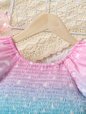 Young Girl Unicorn Print Ombre Puff Sleeve Dress