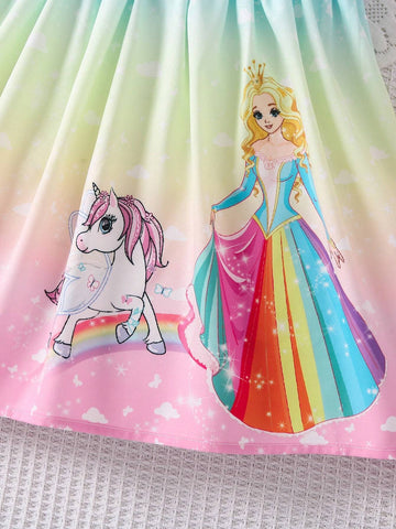 Young Girl Unicorn Print Ombre Puff Sleeve Dress