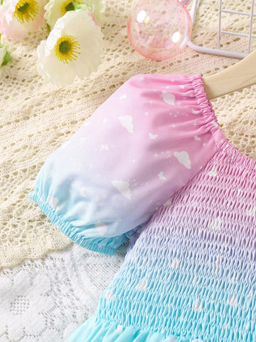 Young Girl Unicorn Print Ombre Puff Sleeve Dress